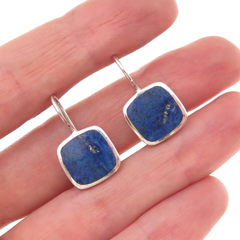 925 Sterling Silver Vintage Real Lapis Square Earrings